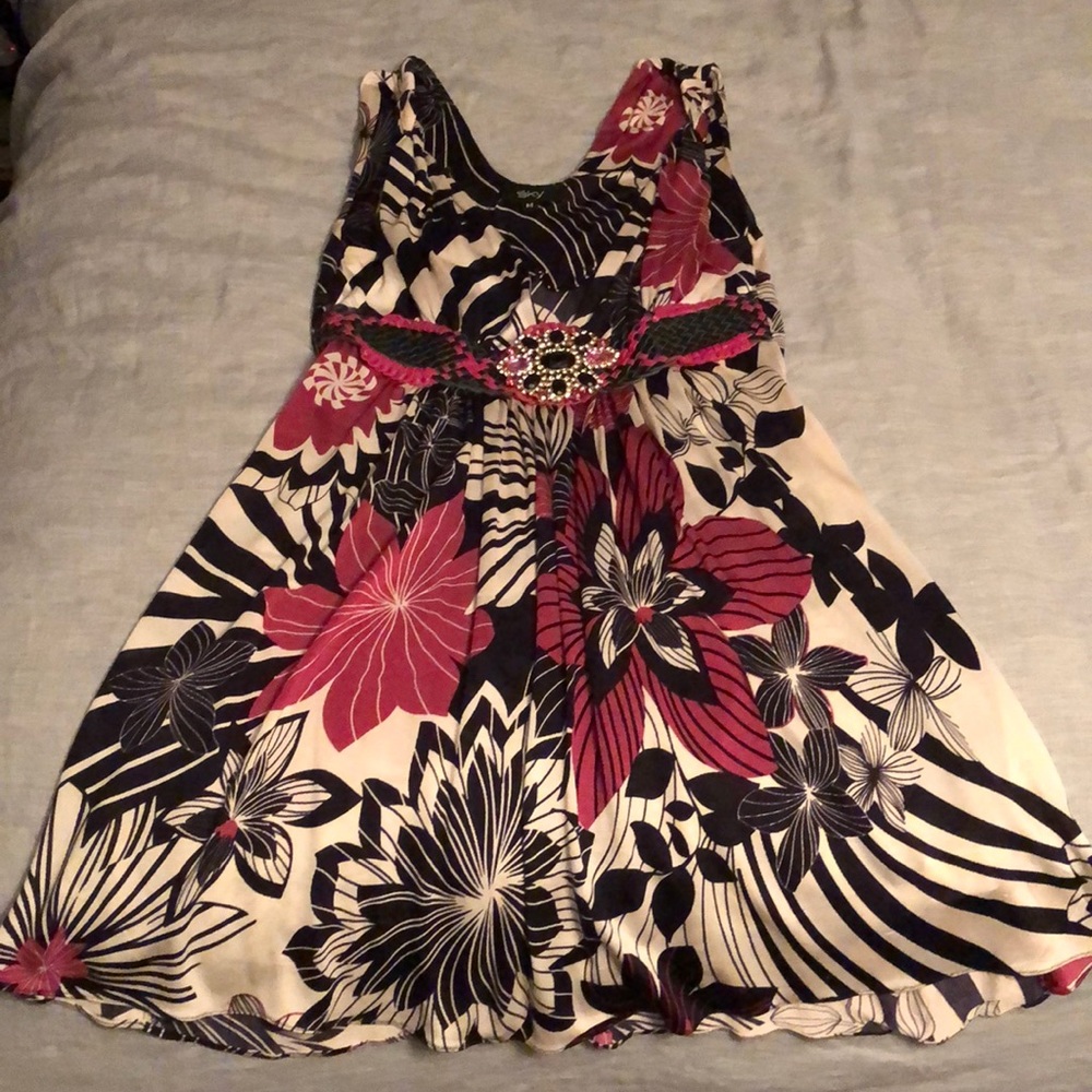 Sky Floral Mini Dress in Black, Cream, and Deep Pink